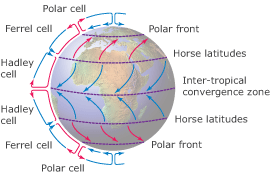 Image:  Atmospheric circulation systems that give rise to wind